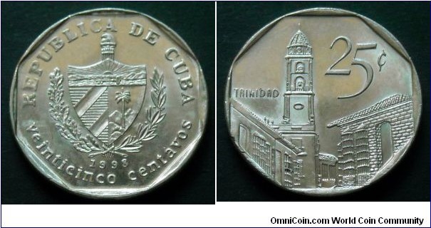 Cuba 25 centavos.
1998, Nickel plated steel.