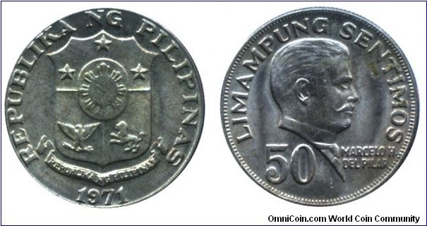 Philippines, 50 sentimos, 1971, Cu-Zn-Ni, 27.50mm, 8.00g, Marcelo H. del Pilar.
