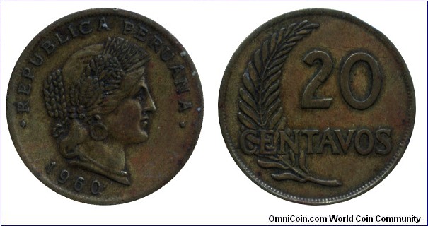Peru, 20 centavos, 1960, Brass, 23.00mm, 3.80g.
