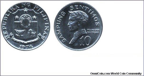 Philippines, 10 sentimos, 1974, Cu-Zn-Ni, 18.00mm, 2.00g, Francisco Baltazar.
