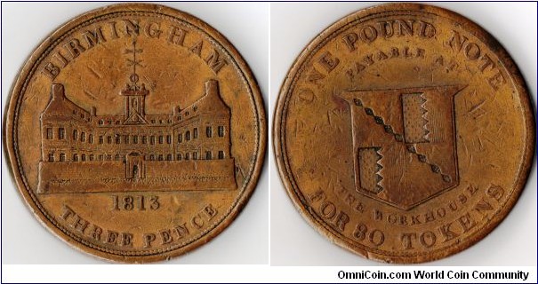 1813 Birmingham copper 3d (workhouse token)