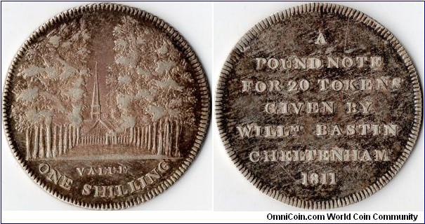 1811 Cheltenham silver shilling token. 
