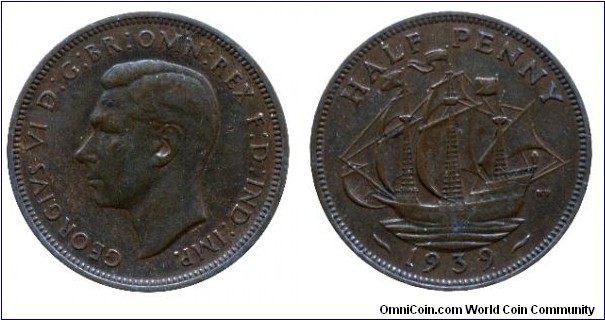 United Kingdom, 1/2 penny, 1939, Bronze, 25.50mm, The Golden Hind ship, King George VI.
