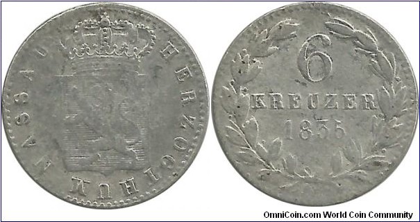 Germany - Duchy of Nassau 6 Kreuzer 1835 (2.22 g / .375 Ag)