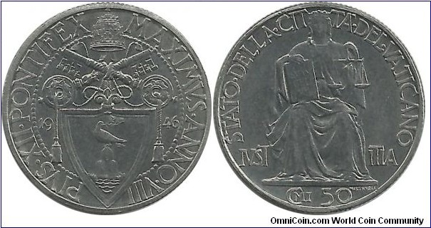 Vatican 50 Centesimi 1946