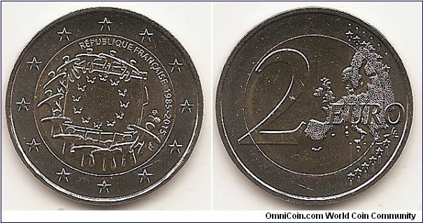 2 Euro
KM#2192
8.5000 g., Bi-Metallic Nickel-Brass center in Copper-Nickel ring, 25.75 mm. Subject : 30th Anniversary of the Flag of Europe Obv: The designs shows the EU flag as a symbol that unites people and cultures with shared visions and ideals for a better common future. Twelve stars that morph into human figures are embracing the birth of a new Europe. At the top, in semi-circle, is the issuing country RÉPUBLIQUE FRANÇAISE, at the right the years ‘1985-2015’. At the right side, in between the flag and the years is the mint mark. At the bottom right are the initials of the artist (Georgios Stamatopoulos). The coin’s outer ring bears the 12 stars of the European Union. Rev: 2 on the left-hand side, six straight lines run vertically between the lower and upper right-hand side of the face, 12 stars are superimposed on these lines, one just before the two ends of each line, superimposed on the mid - and upper section of these lines; the European continent ( extended ) is represented on the right-hand side of the face; the right-hand part of the representation is superimposed on the mid-section of the lines; the word ‘EURO’ is superimposed horizontally across the middle of the right-hand side of the face. Under the ‘O’ of EURO, the initials ‘LL’ of the engraver appear near the right-hand edge of the coin. Edge: Reeded with inscription 2 * *, repeated six times, alternately upright and inverted*. Obv. designer: Georgios Stamatopoulos Rev. designer: Luc Luycx
