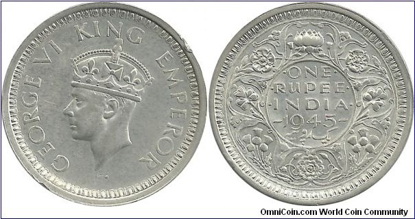 India-British 1 Rupee 1945(B) (11.66 g / .500 Ag)
