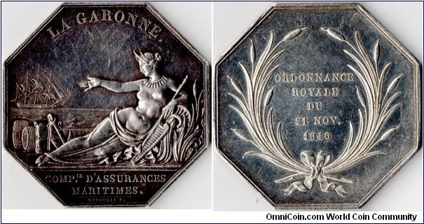 silver jeton struck in 1846 for La Garonne, a French maritime assurer.