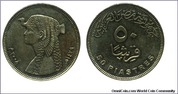 Egypt, 50 piastres, 2008, Brass-Steel, 23.00mm, 6.50g, Cleopatra.