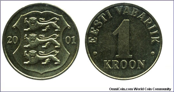 Estonia, 1 kroon, 2001, Al-Bronze, 23.50mm, 5.00g.
