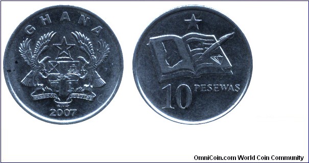 Ghana, 10 pesawas, 2007, Steel, 20.40mm, 3.23g, open book.
