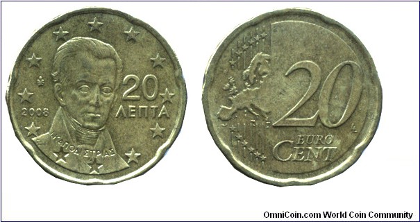 Greece, 20 cents, 2008, Cu-Al-Zn-Sn, 22.10mm, 5.73g, complete Europe map, I. Kapodistrias first Governor of Greece.