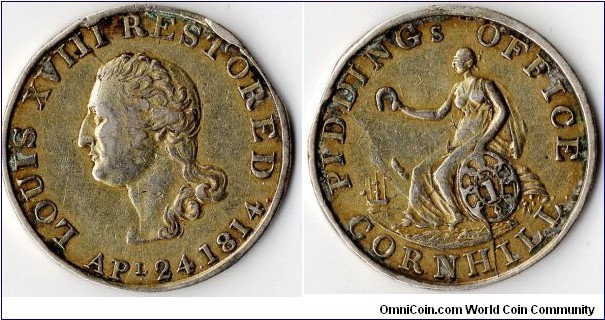 scarcer 1814 silver shilling token (6d size, privately struck to mark the return of Louis XVIII to french soil.This example evidences the remains of some form of gold plating