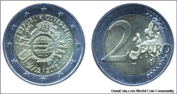 Austria, 2 euros, 2012, Cu-Ni-Ni-Brass, bi-metallic, 25.75mm, 8.50g, 2002-2012, 10th Anniversary of euro.
