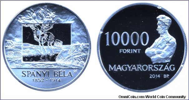 Hungary, 10000 forints, 2014, Ag, 37.00mm, 24.00g, Béla Spányi (1832-1914), Hungarian landscape painter, 100th anniversary of death.
