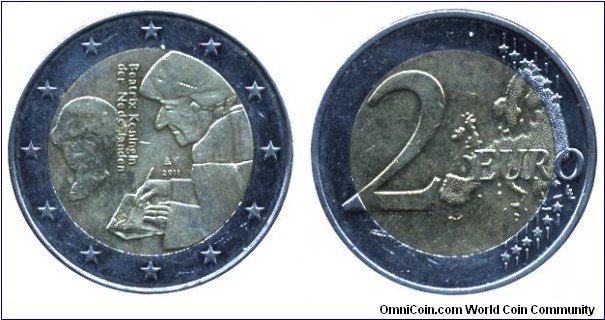 The Netherlands, 2 euros, 2011, Cu-Ni-Ni-Brass, bi-metallic, 25.75mm, 8.50g, Queen Beatrix, Erasmus.
