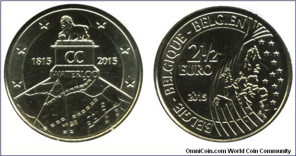Belgium, 2 1/2 euros, 2015, 1815-2015, Waterloo.