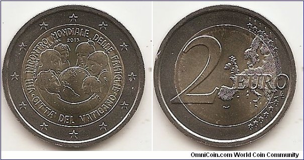 2 Euro
KM#NEW
8.5000 g., Bi-Metallic Nickel-Brass center in Copper-Nickel ring, 25.75 mm. Subject : 8th World Meeting of Families Obv: The design depicts two families which ideally embrace the whole Earth. At the top, the year of issuance 
