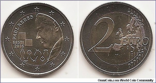 2 Euro
KM#NEW
8.5000 g., Bi-Metallic Nickel-Brass center in Copper-Nickel ring, 25.75 mm. Subject : 100 Years since the Birth of Paul Keres Obv: The coin features a portrait of the great Estonian chess player Paul Keres with some chess pieces. At the top left in semi-circle is the inscription ‘PAUL KERES’. At the left side is the name of the issuing country ‘EESTI’ and underneath is the year of issuance ‘2016’. The coin’s outer ring bears the 12 stars of the European Union. Rev: 2 on the left-hand side, six straight lines run vertically between the lower and upper right-hand side of the face, 12 stars are superimposed on these lines, one just before the two ends of each line, superimposed on the mid - and upper section of these lines; the European continent ( extended ) is represented on the right-hand side of the face; the right-hand part of the representation is superimposed on the mid-section of the lines; the word ‘EURO’ is superimposed horizontally across the middle of the right-hand side of the face. Under the ‘O’ of EURO, the initials ‘LL’ of the engraver appear near the right-hand edge of the coin. Edge: Reeded with EESTI o, alternately upright and inverted. Obv. designer: Riho Luuse Rev. designer: Luc Luycx