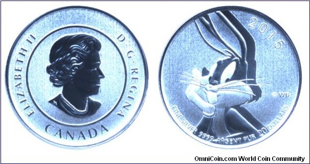 Canada, 20 dollars, 2015, Ag, 27.00mm, 7.96g, Queen Elizabeth II, Bugs Bunny.