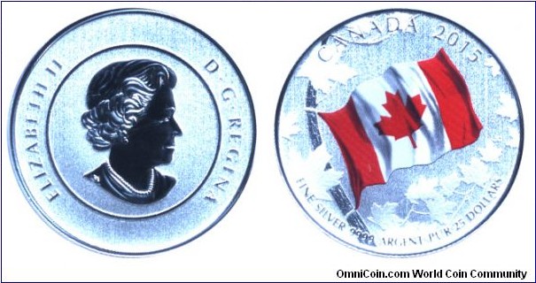 Canada, 25 dollars, 2015, Ag, 27.00mm, 7.96g, Queen Elizabeth II, colored flag of Canada.