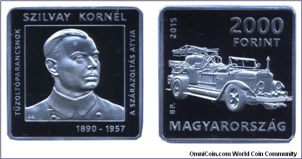 Hungary, 2000 forints, 2015, Cu-Ni, 28.43mm, 14.00g, MM: BP. (Budapest), Fire engine, Kornél Szilvay, 1890-1957, firemarshall, inventor of fire-extinguisher.
