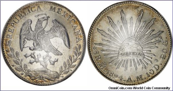 Mexico 8 Reales 1894Mo ICCS AU55