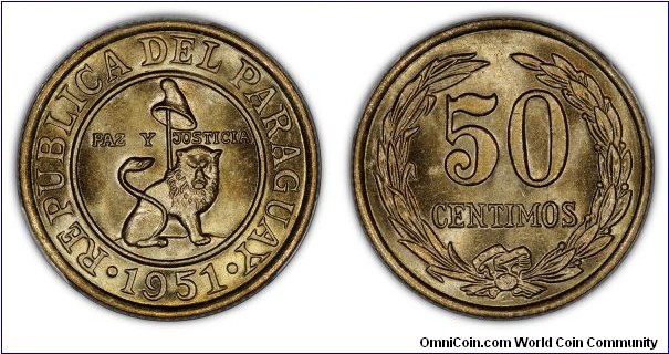 Paraguay 50 Centimos 1951 PCGS MS65