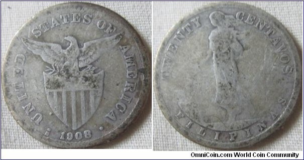 1908 25 centavos, low grade
