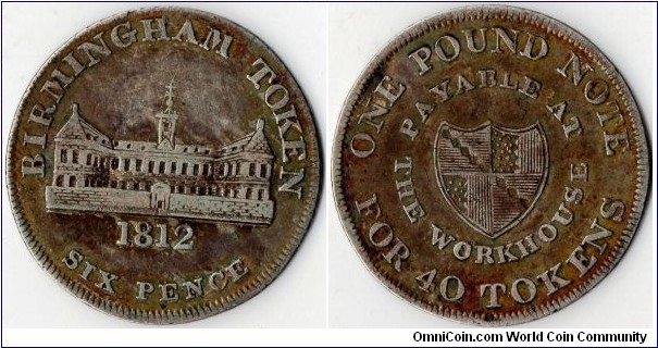 1812 Birmingham workhouse silver sixpence token
