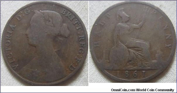 1861 halfpenny, low grade