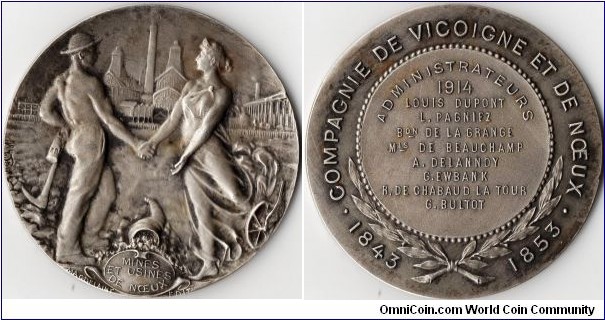 silver jeton de presence struck for the  French Coal Mining `Compagnie de Vicoigne et de Noeux in 1914