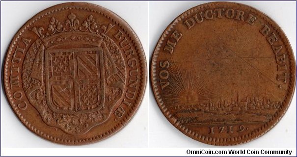 1719 copper jeton struck for the Burgundian Parliament. Commemorates the freedoms provided to the state.
