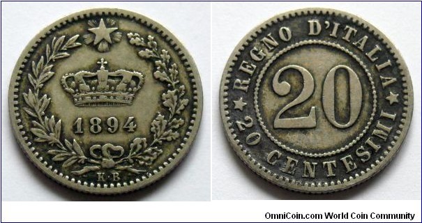 Italy 20 centesimi.
1894, KB - Mint Berlin (KM#28.1)