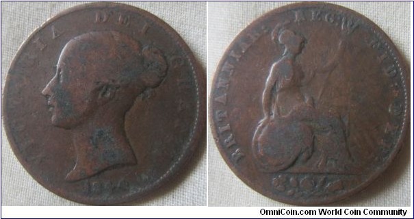 1844 halfpenny, low grade