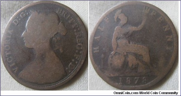 R16 1878 halfpenny with wide date (15+N) around fair grade.