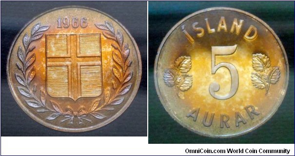 Iceland 5 aurar.
1966, Proof. Royal Mint, London. Mintage: 15.000 pieces.