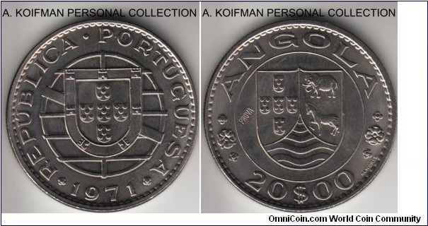 KM-Pr81, 1971 Portuguese Angola 20 escudos; prova, nickel, reeded edge; bright uncirculated as most nickel coins show, but the scan turned out more matte than bright.