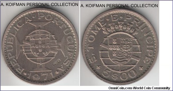 KM-Pr30, 1971 San Tomas and Prince 5 escudos; prova, copper-nickel, reeded edge; sharp uncirculated, some toning or residue on obverse.