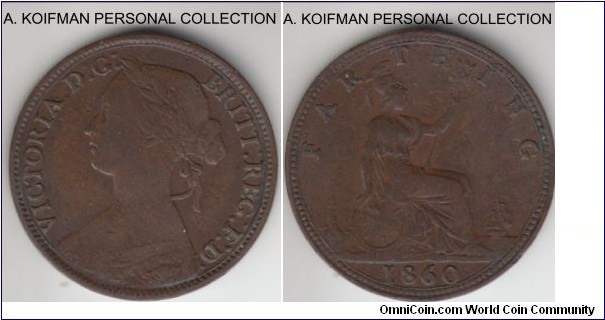 KM-747.2, 1860 Great Britain farthing; bronze, plain edge; scarce mule variety with toothed border on obverse and beaded border or reverse, good fine or better condition.