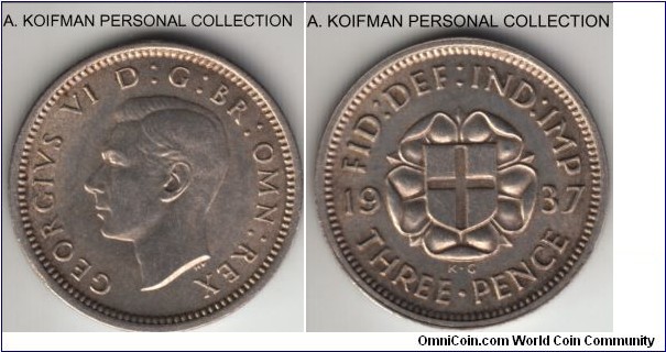 KM-848, 1937 Great Britian 3 pence; silver, plain edge; average uncirculated, pleasant toning.