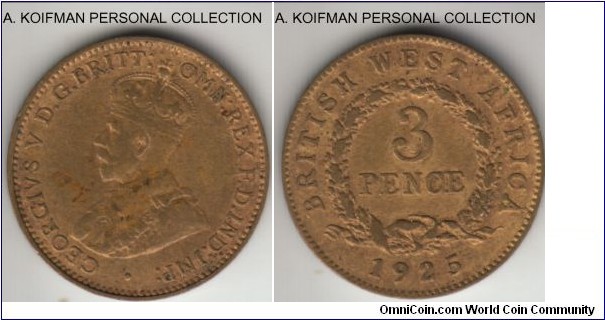KM-10b, 1925 British West Africa 3 pence, Royal mint (no mint mark); tin-brass, plain edge; very fine, dirty on obverse, scarcer type and year.