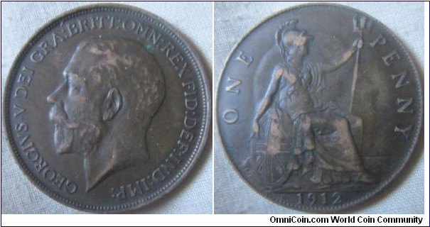 aEF 1912 H penny, small verdigris spot