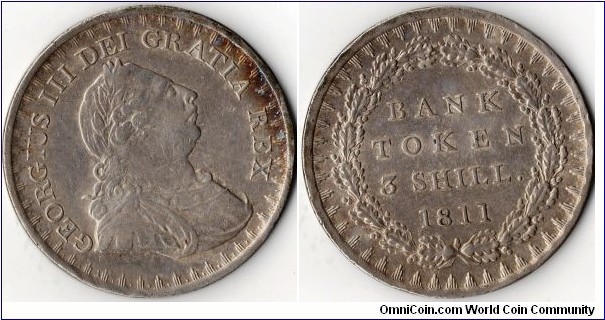 Bank of England silver  three shilling token issued durinfg the `madness' of King George III