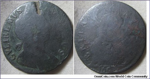 low grade halfpenny, possibly 1695