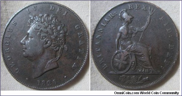 1826 halfpenny VF obverse, weaker reverse