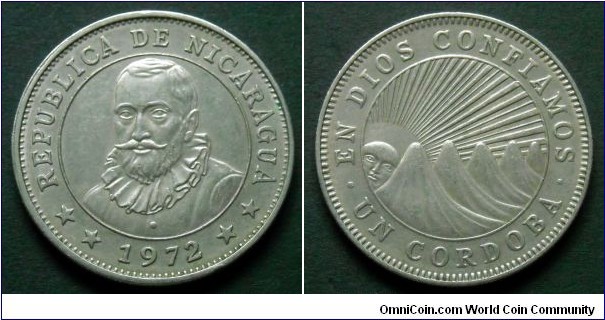 Nicaragua 1 córdoba, 1972 Cu-ni. Weight; 9,45g. Diameter; 28mm.
Mintage: 20.000.000 pieces.