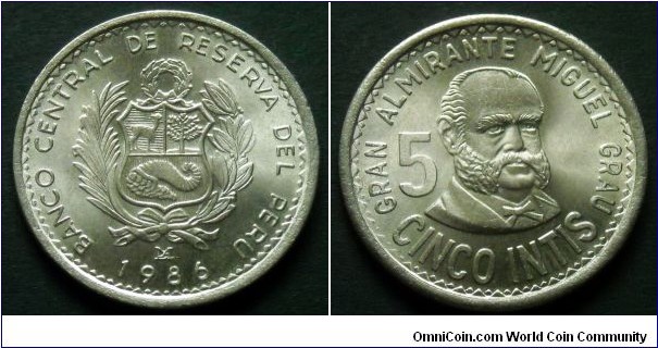 Peru 5 intis.
1986, Cu-ni.
Weight; 8,2g.
Diameter; 27mm.
Mint Lima. Mintage: 28.000 pieces.