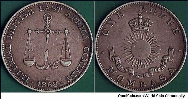 Mombasa 1888 H 1 Rupee.