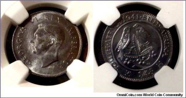 KM-23, 1941 South Africa (Dominion) farthing; bronze, plain edge; NGC graded MCS 65 BN, mintage 91,000. nice blackened at mint specimen.
